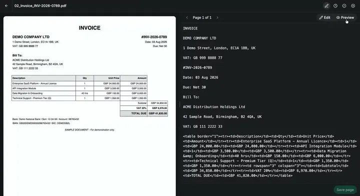 A PDF and its extracted Markdown side by side in Annota AI